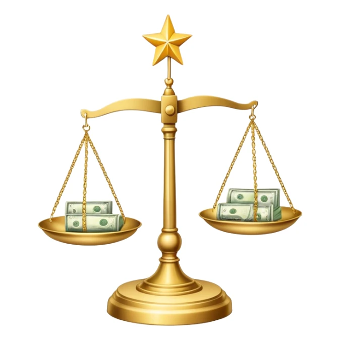 A balanced scale with dollar bills on the left side and three stars on the right side sticker