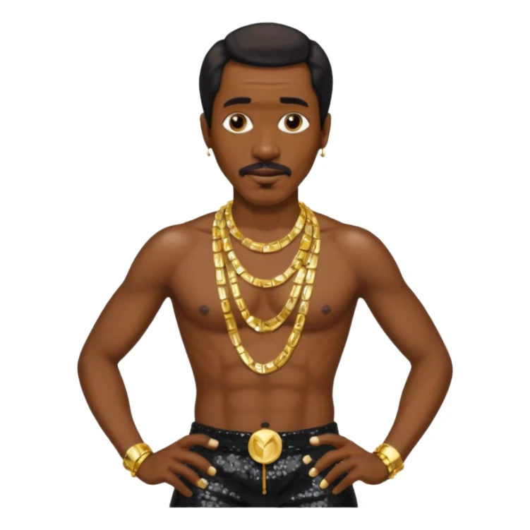 Ike Turner with black sequin baggy pants, shirtless with necklace sticker