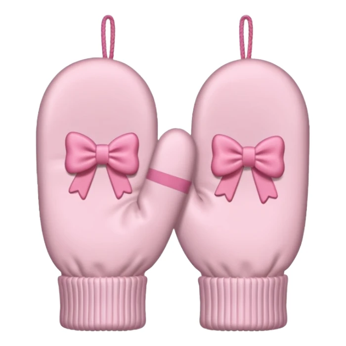 pastel pink pair of mittens connected by string and a bow sticker