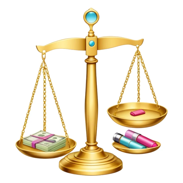 gold scale with dollars on one side and beauty products like lipstick, perfume, makeup on the other sticker