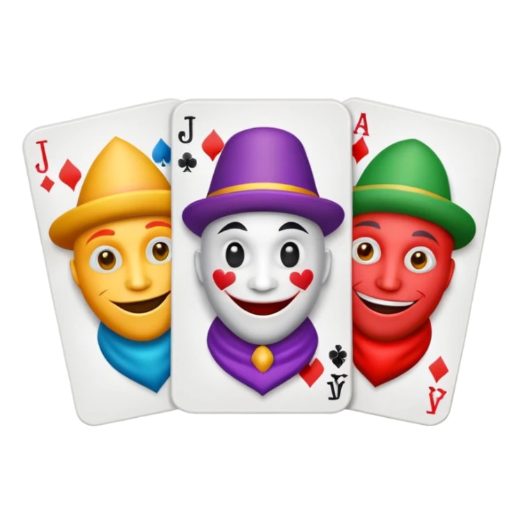 3 poker cards, with crazy colorful human jolly jokers inside, inversed face sticker
