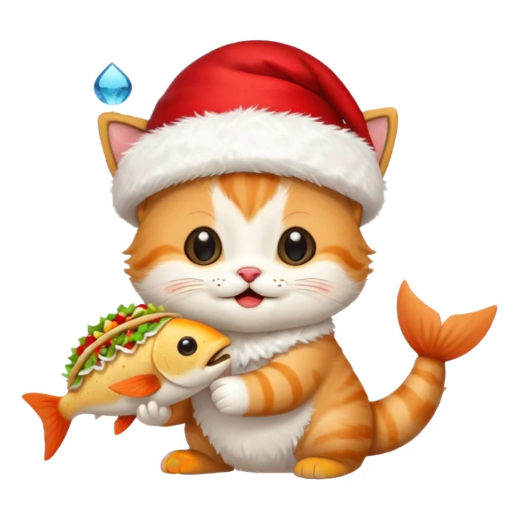 Cute Happy Kitten wearing a Santa hat and holding a Fish taco  sticker