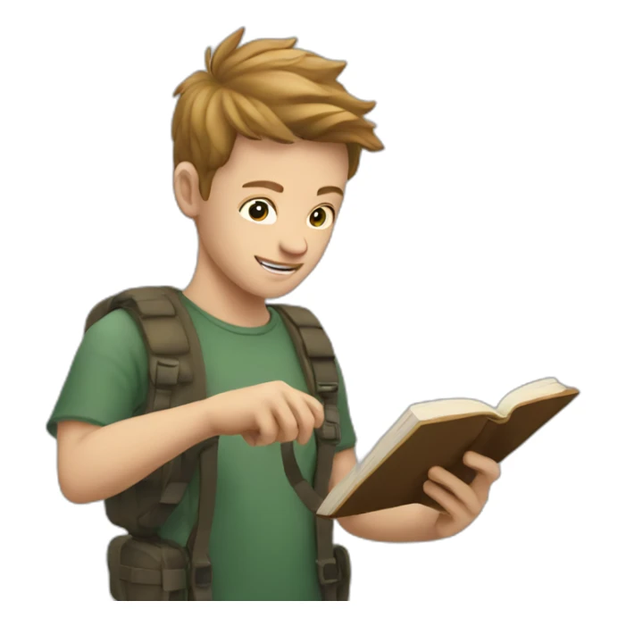 Young white man taking a photo of a book sticker