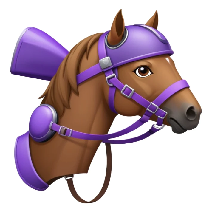 A horse with a purple driver helmet sticker