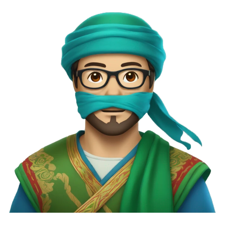 a kazakh man in a green bandana, red blue light blocking glasses, a minor beard and a visible sword carried on his back sticker