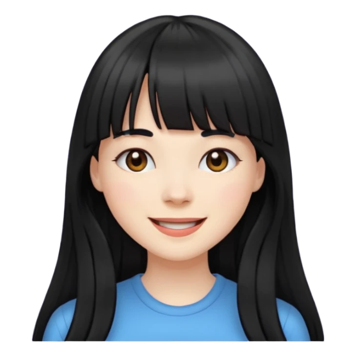Pale girl with long black hair with bangs, happy sticker