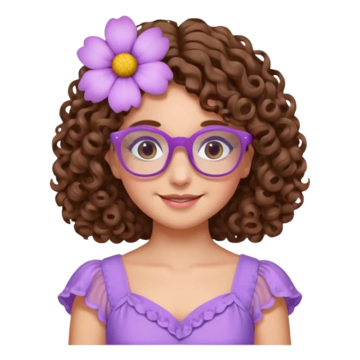 Menina branca de cabelo cachado castanho partido de lado com uma flor no cabelo  e vestido lilás com um óculos rosa claro sticker