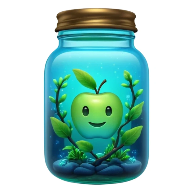 3D render of Firefly Jar, bioluminescent deep sea style, glowing neon blue and green lights, dark background to contrast the glow, translucent organic textures, Apple emoji style. sticker