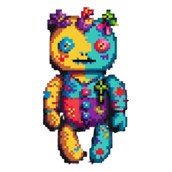 A colorful pixelated voodoo doll with bright fabric patches in different colors, button eyes, and colorful pins sticker
