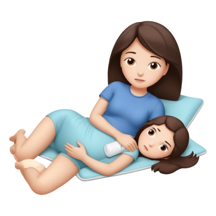  a brunette girl lying down on her side, holding a warm heating pad against her lower belly. She's uncomfortable and sad, her posture should show she’s having menstrual cramps. Use simple lines, rounded shapes, soft colors, and a clean emoji aesthetic. Make it expressive but still adorable sticker