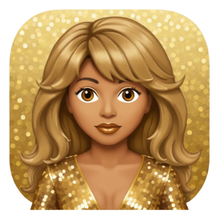 Tina Turner with long light brown hair, gold outfit sticker