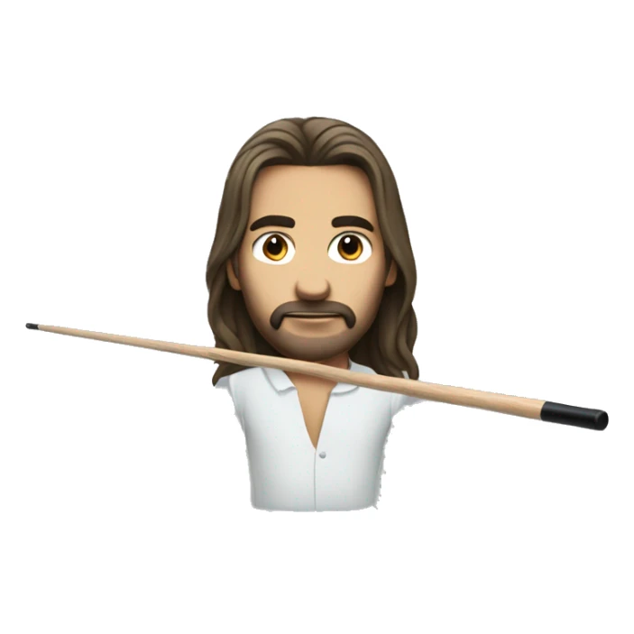 man with long hair whearing a pool cue sticker