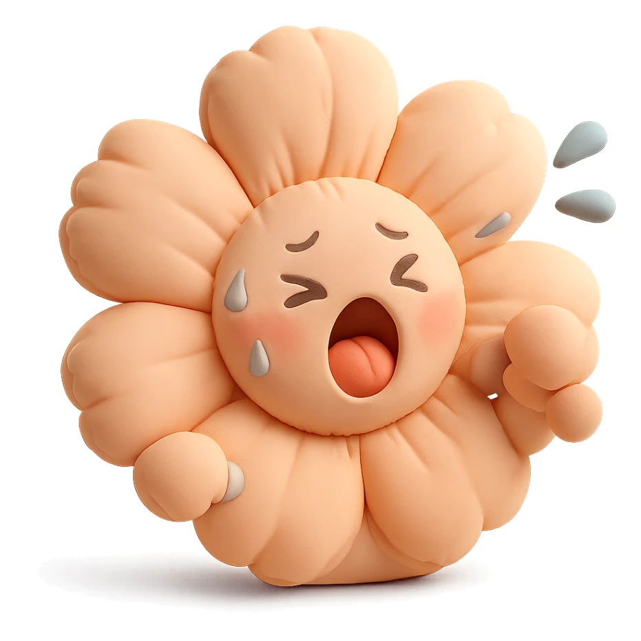 soft peach cosmos flower with a flushed, panting face doing exercise, sweat flying off in exaggerated style, gentle pastel palette, cushion style sticker