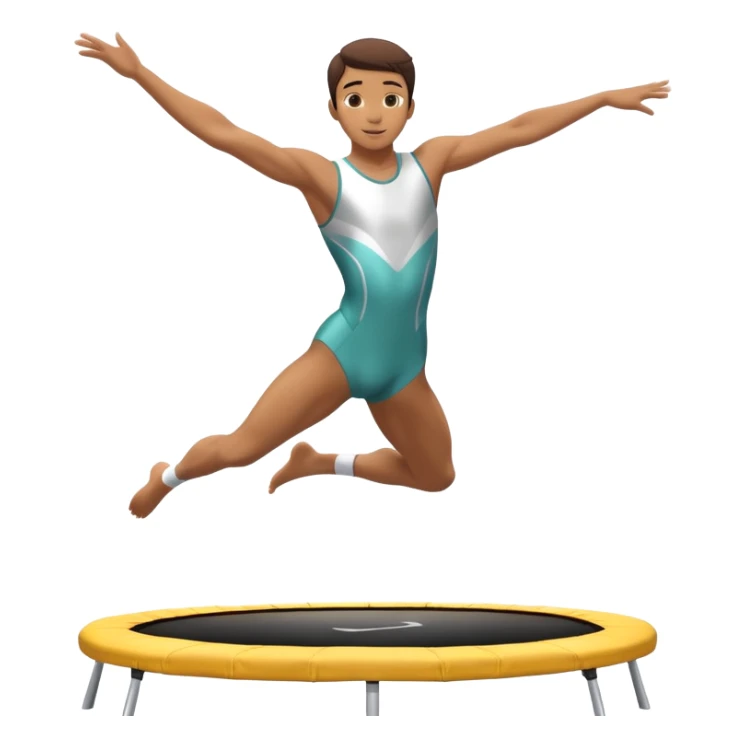 An athletic person soaring high above a trampoline, executing an acrobatic flip with perfect form. The scene captures motion and energy, with a dynamic pose, stretched limbs, and a focused expression. The background suggests a professional trampoline arena with safety padding. sticker