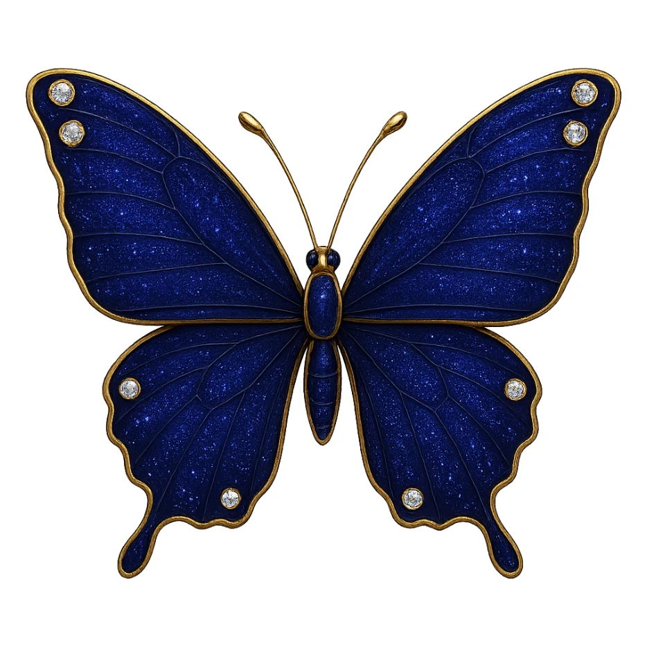 single indigo butterfly, rich dark blue enamel, sparkling gems sticker