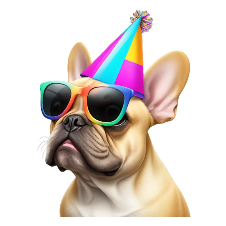 French bulldog wearing sunglasses wearing a party hat sticker