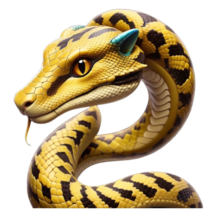 Cinematic Noble Python Portrait Emoji, Poised and regal, with a powerful, sinuous body adorned in intricate scale patterns and piercing, focused eyes, Simplified yet sharp and sophisticated features, highly detailed, glowing with a soft, earthy glow, high shine, intelligent and formidable, stylized with an air of primal elegance, focused and commanding, soft glowing outline, capturing the essence of a watchful and confident serpent that appears ready to coil out of the screen with effortless authority! sticker