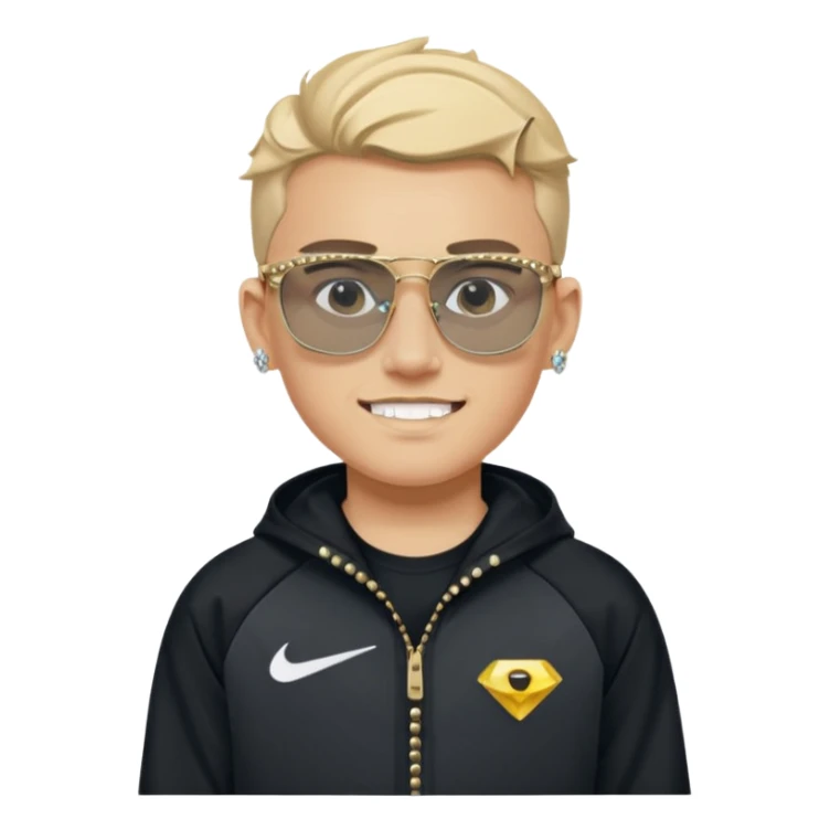 un emoji de un chico emcapuchado blanco, dientes de oro, com uma chaqueta negra nike tech y unas gafas de oakley, con pendientes de diamante, que las gafas sean estilo cuadradas, los pendientes q no se cuelguen, que sean redondos, en las dos cejas un corte, que las gafas no sean circulares sticker