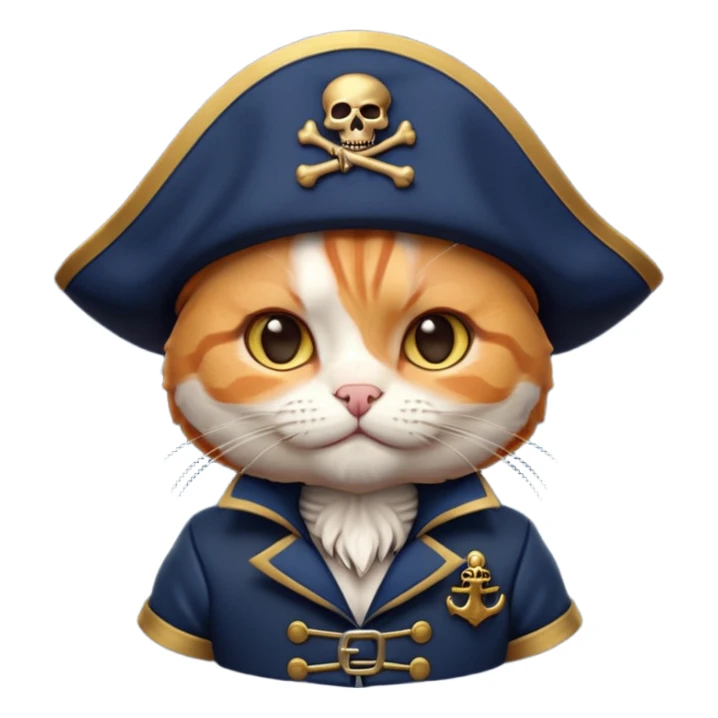 Premium 3D emoji icon of a cute ginger cat pirate, wearing a **deep navy blue** velvet pirate hat with a silver skull icon, and a black and gold captain's jacket. Glossy finish, claymorphism style, soft studio lighting, isolated on white background, 8k resolution, stylized professional look --v 6.0 sticker