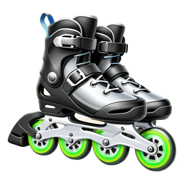 An icon showing a close-up of inline rollerblades resting on smooth asphalt in a park. The background features trees, grass, and a clear sky, with the vibrant green landscape creating a serene outdoor vibe. The skates' wheels are highlighted against the pavement. Transparent background  sticker