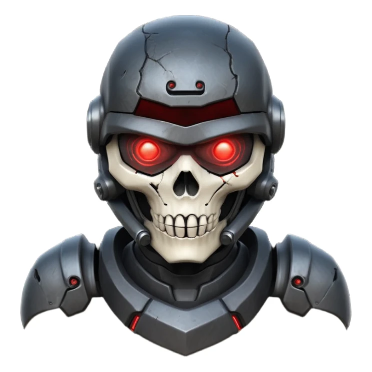futuristic war robot portrait, head and shoulders only, skull-inspired helmet, glowing red eyes, cracked metal face, dark armor collar, battle scars, dramatic lighting, 3D cartoon, mobile game icon style, clean background, no text, no watermark
 sticker