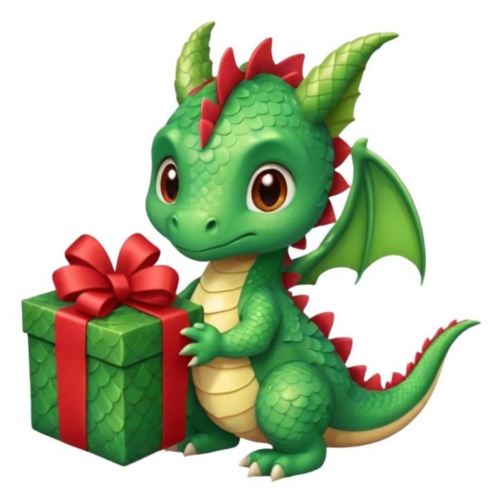 a cute baby dragon is holding a carton gift with red ribbon sticker