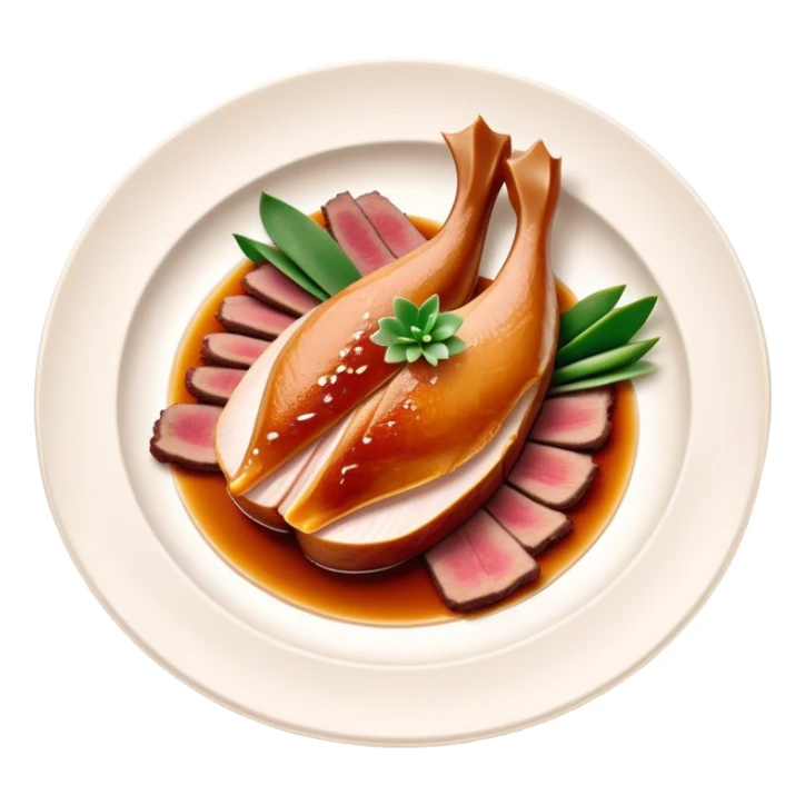Peking Duck Cinematic Realistic Peking Duck Dish Emoji, depicted as thinly sliced duck breast with crispy skin and succulent meat, rendered with vivid textures and dynamic, appetizing lighting. sticker