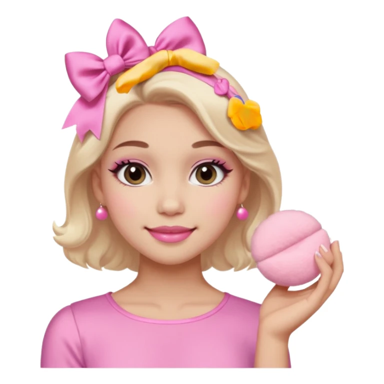 female face, light skin tone, small simple closed smile. One hand visible holding a round fluffy pink makeup powder puff pressed to the cheek; the puff has a small satin bow. sticker