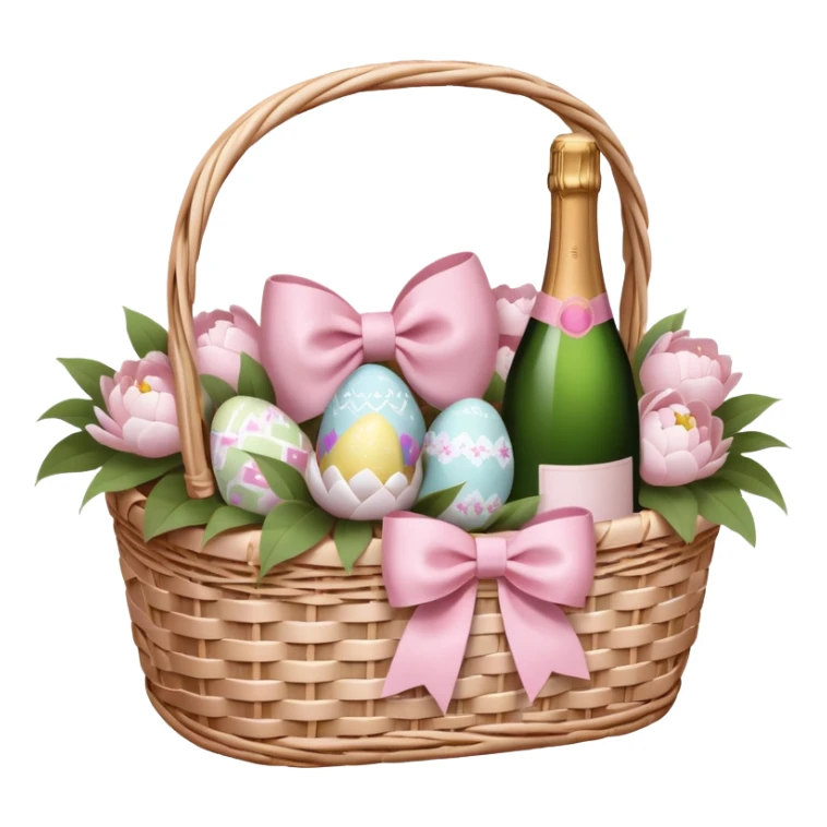 White Picnic basket with light pink bow, white peonies, pink easter eggs and one pink champage bottle inside sticker