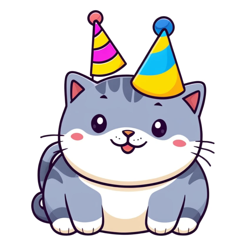 British shorthair blue cat with round face and chubby cheeks wearing a colorful birthday hat sticker