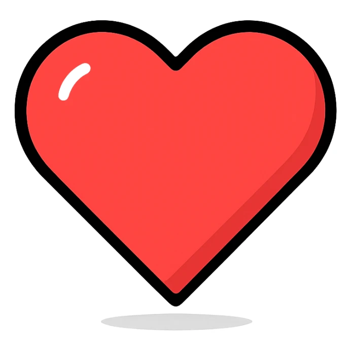 red heart icon with soft shadow and black outline, modern color icon style sticker