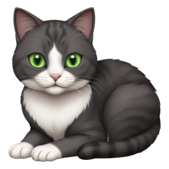 beautiful female solid dark grey cat with green eyes, white toes/paws and white patch on her chest rolling over sticker