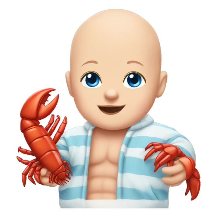 bald baby with blue eyes with stuffed lobster sticker