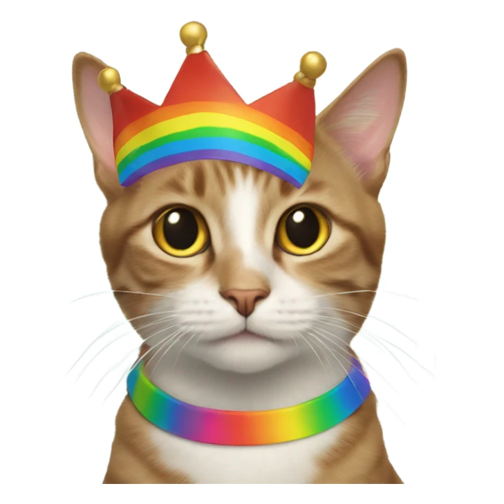 Cat with a rainbow crown and a rainbow collar with the name “Frodo” on it sticker