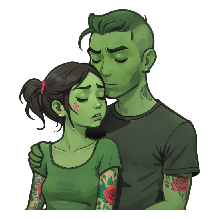 Tattooed boy holding crying brunette girl sticker