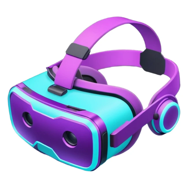 Futuristic glowing neon VR headset, purple and cyan light, dark background, digital tech style sticker