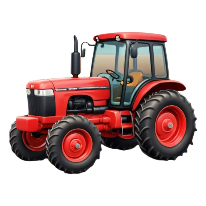 A 3D cartoon red tractor in a farmland setting, with plowed soil and crops in the background, smooth reflections, detailed tires, warm daylight, Memoji-style realism. sticker