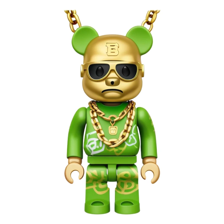 classic bearbrick figure with lime green mask covered in chaotic brand logos, wearing several large gold chains, gold pendant, rapper style accessories, expressive eyebrows sticker