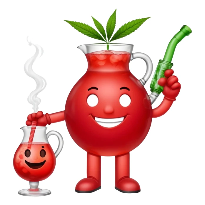Kool-Aid Man pitcher character with legs and arms holding a bong with a cannabis leaf sticker
