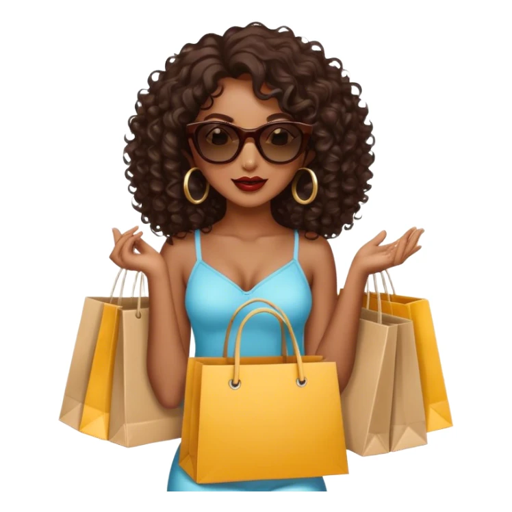 Rich dark brown girl with dark brown mid-length curly hair expensive retail shopping bags and sunglasses sticker