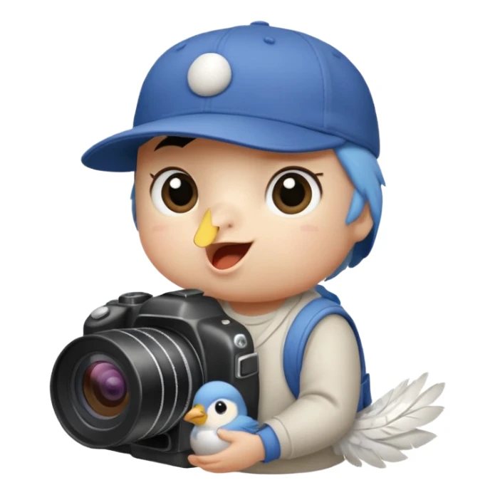 Songbird wearing a baseball cap holding a camera and a baby sticker