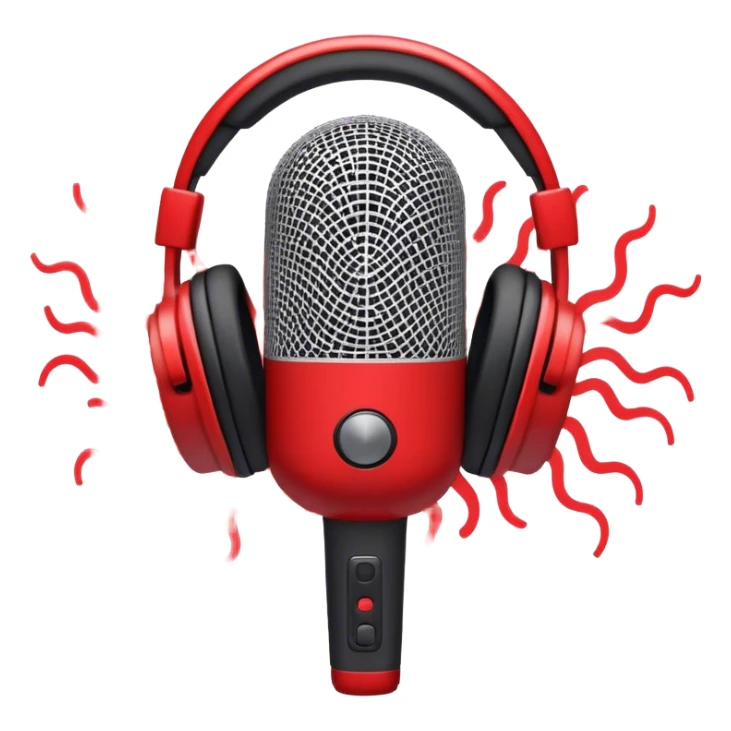 Create a dynamic and energetic emoji that represents beatboxing. The design should feature a stylized microphone with sound waves emanating from it, symbolizing vocal percussion and rhythm. Add elements like headphones or a subtle speaker to emphasize the music production aspect. Use bold colors like black, white, and red to convey the intensity and creativity of beatboxing. The background should be transparent. sticker