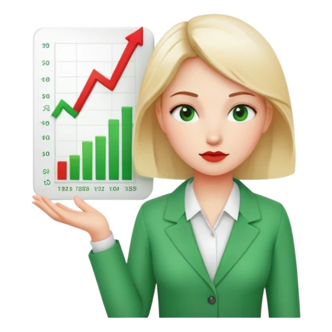Female character displaying two small charts, green upward trending graph in right hand, red downward trending graph in left hand sticker