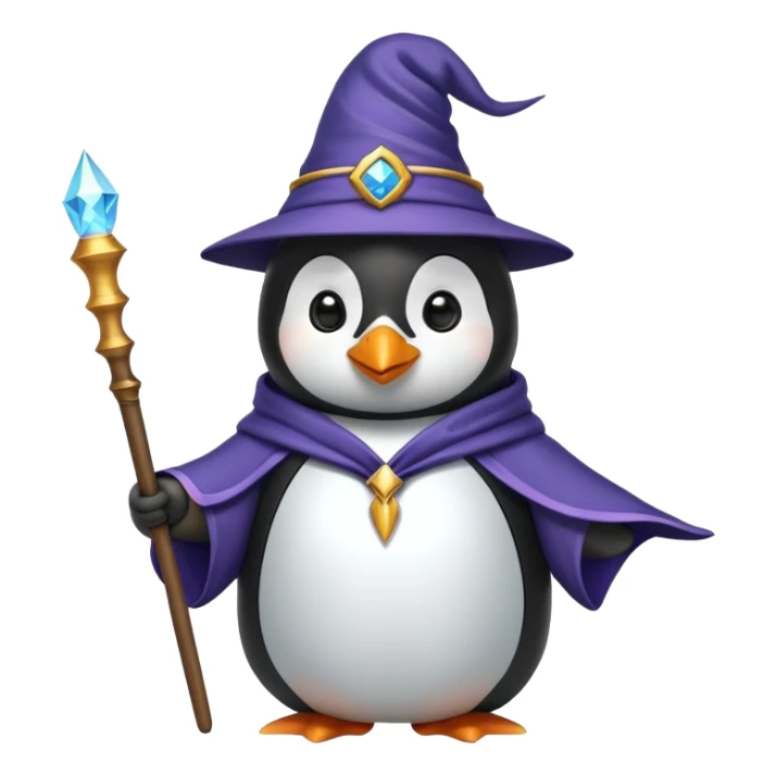 penguin wearing wizard hat and robe holding magic wand sticker