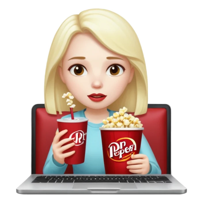 Tired girl on laptop eating popcorn and drinking a Dr Pepper sticker