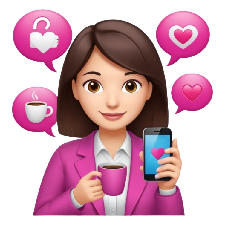 Social media manager. She has dark brown hair, brown eyes, a friendly smile. She is holding a smartphone and a coffee cup. Include subtle marketing elements like small icons of hashtags or a speech bubble with a heart. Use vibrant colors with a focus on pink and fuchsia tones. sticker