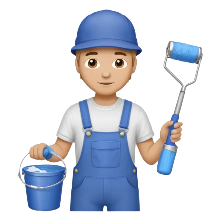 professional house painter man wearing overalls and a cap holding a paint roller with a paint bucket sticker