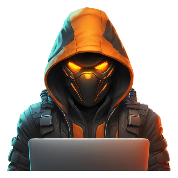  developer behind his laptop with this style : crysis Cyberpunk Valorant orange glowing bright orange character orange black hooded assassin themed character sticker