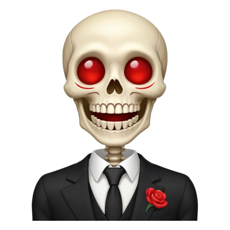 cartoon skeleton in black suit with red circles instead of eye laugh sticker