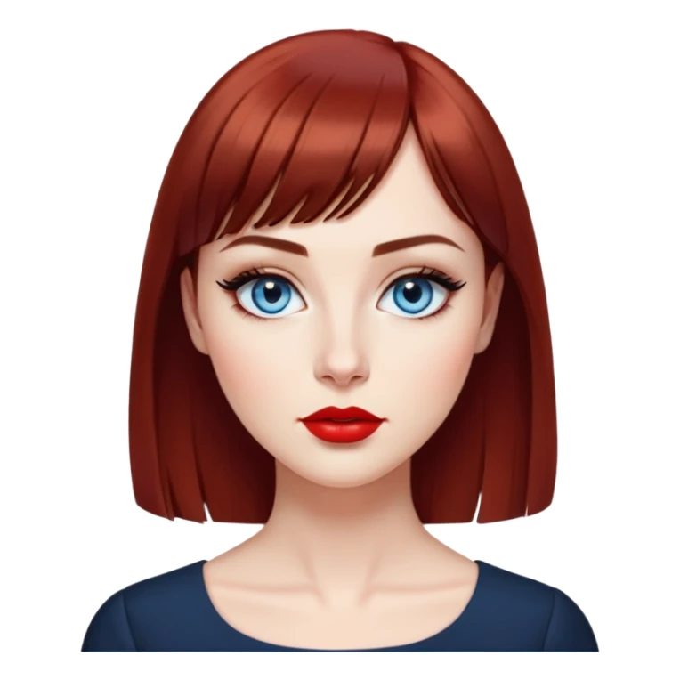 Creative woman with fair skin, oval face, striking blue eyes with dark eyeliner, thin eyebrows, small nose, full lips with bright red lipstick, dark auburn hair with straight bangs, wearing an elegant black blouse, artistic expression sticker
